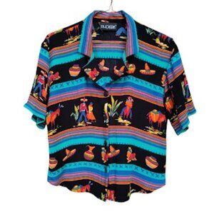 VINTAGE | Mexican Motif Theme Striped Boxy Button Up Crop Top Colorful Turquoise